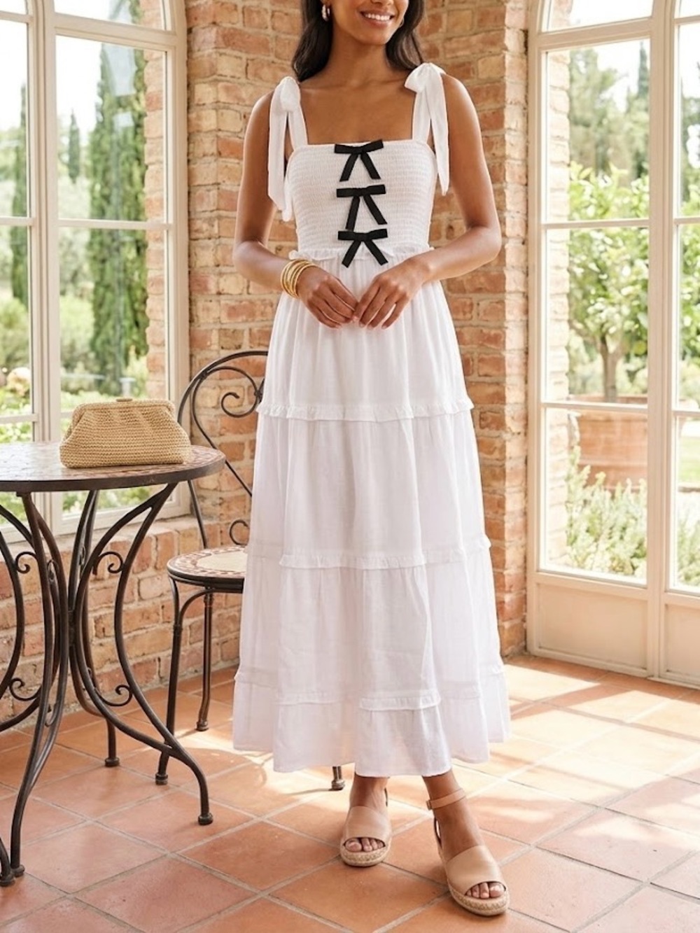 NWOT Love Tree White Tiered Smocked Midi Dress Black Bows - Size Small